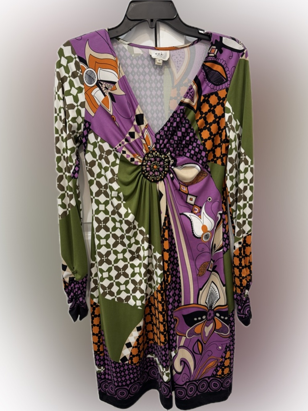 ECI Olive Green, Purple & Orange Patterned Twist-Front Tunic